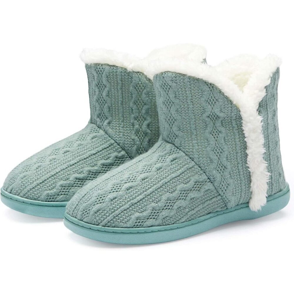 Women's Light Green Winter Warm Fluffy Fur Lined Plush Bootie Slippers Shoes